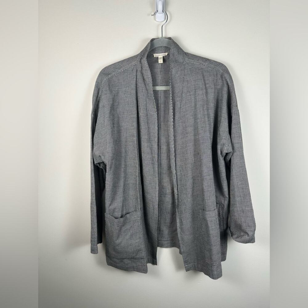 Eileen Fisher Jacket Women Small Gray Houndstooth Cotton Linen Open Front Blazer